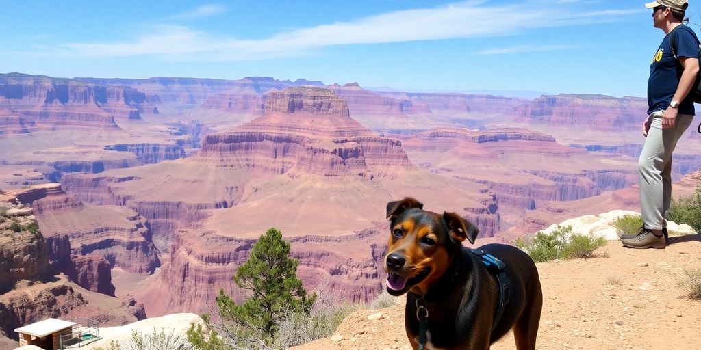Dog on a leash at the Grand Canyon landscape.