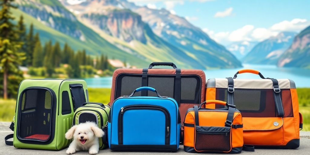 Various pet travel carriers with safety features on display.