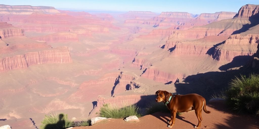 Dog exploring scenic Grand Canyon landscape.
