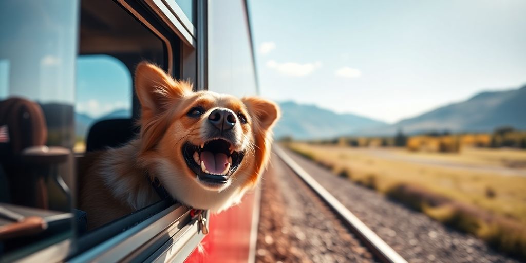 Happy dog looking out train window during travel.